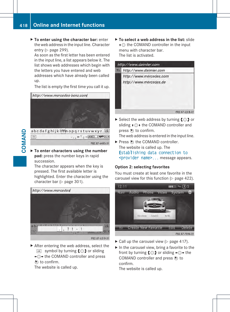 Coman d, Online and internet functions | Mercedes-Benz SL-Class 2013 Owners Manual User Manual | Page 420 / 590