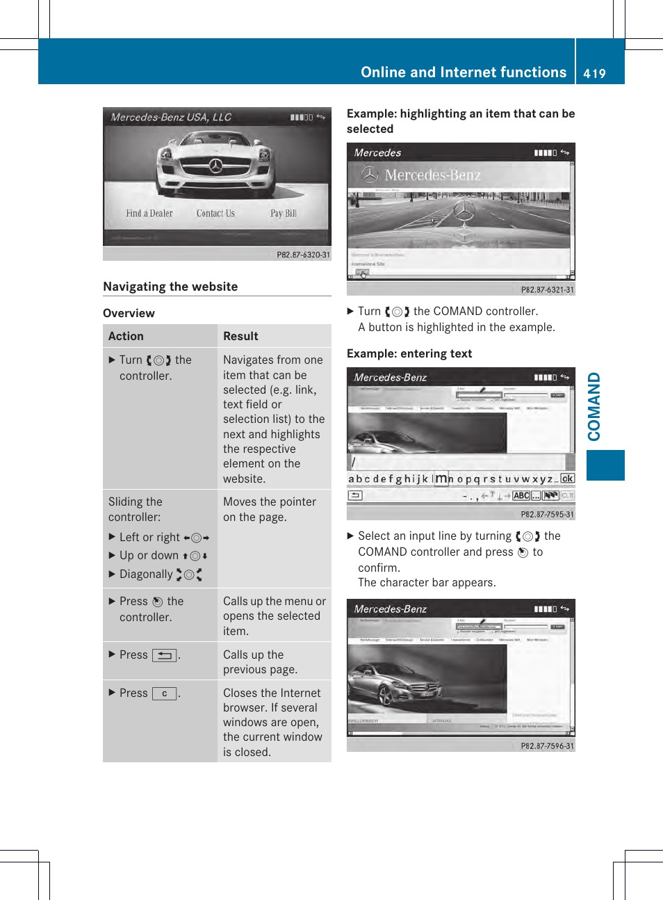 Coman d, Online and internet functions | Mercedes-Benz SL-Class 2013 Owners Manual User Manual | Page 421 / 590