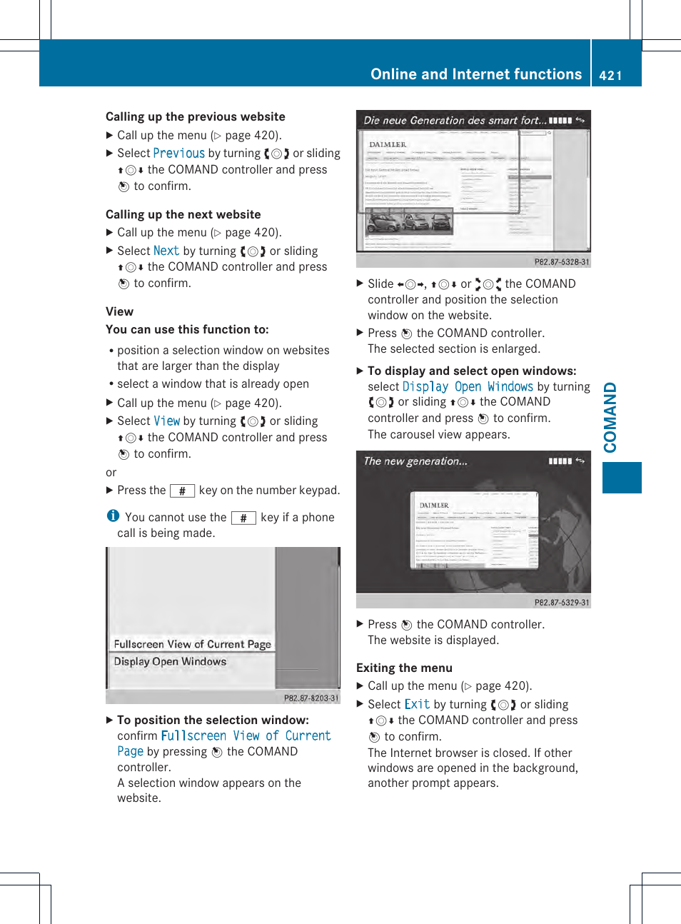 Comand, Online and internet functions | Mercedes-Benz SL-Class 2013 Owners Manual User Manual | Page 423 / 590