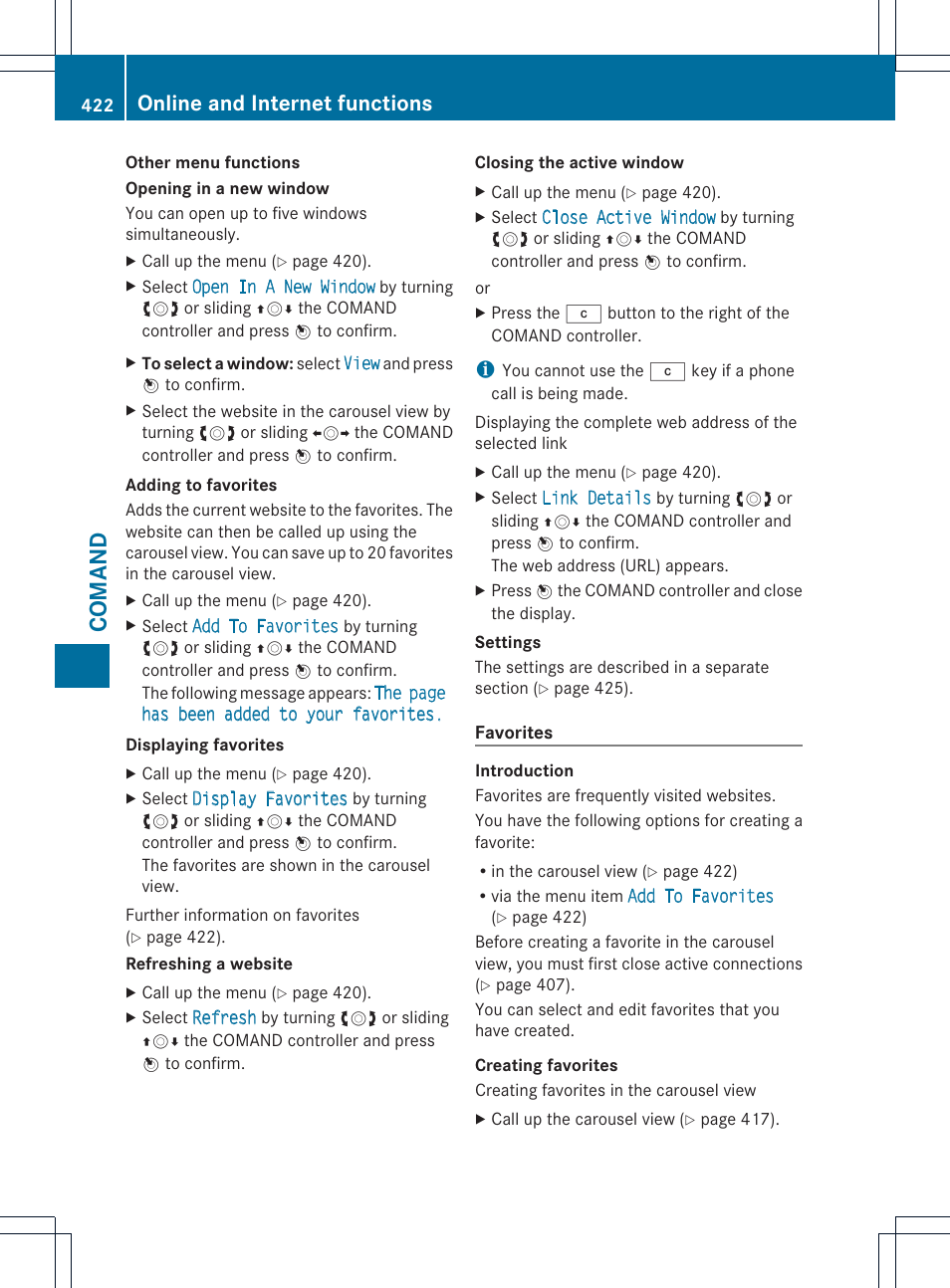 Comand, Online and internet functions | Mercedes-Benz SL-Class 2013 Owners Manual User Manual | Page 424 / 590