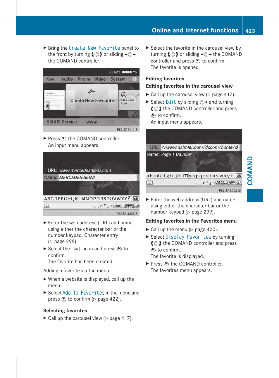 Comand, Online and internet functions | Mercedes-Benz SL-Class 2013 Owners Manual User Manual | Page 425 / 590