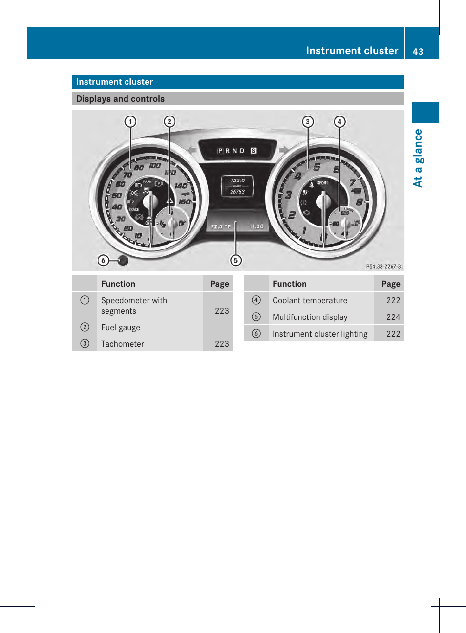 At a glance, Instrument cluster | Mercedes-Benz SL-Class 2013 Owners Manual User Manual | Page 45 / 590