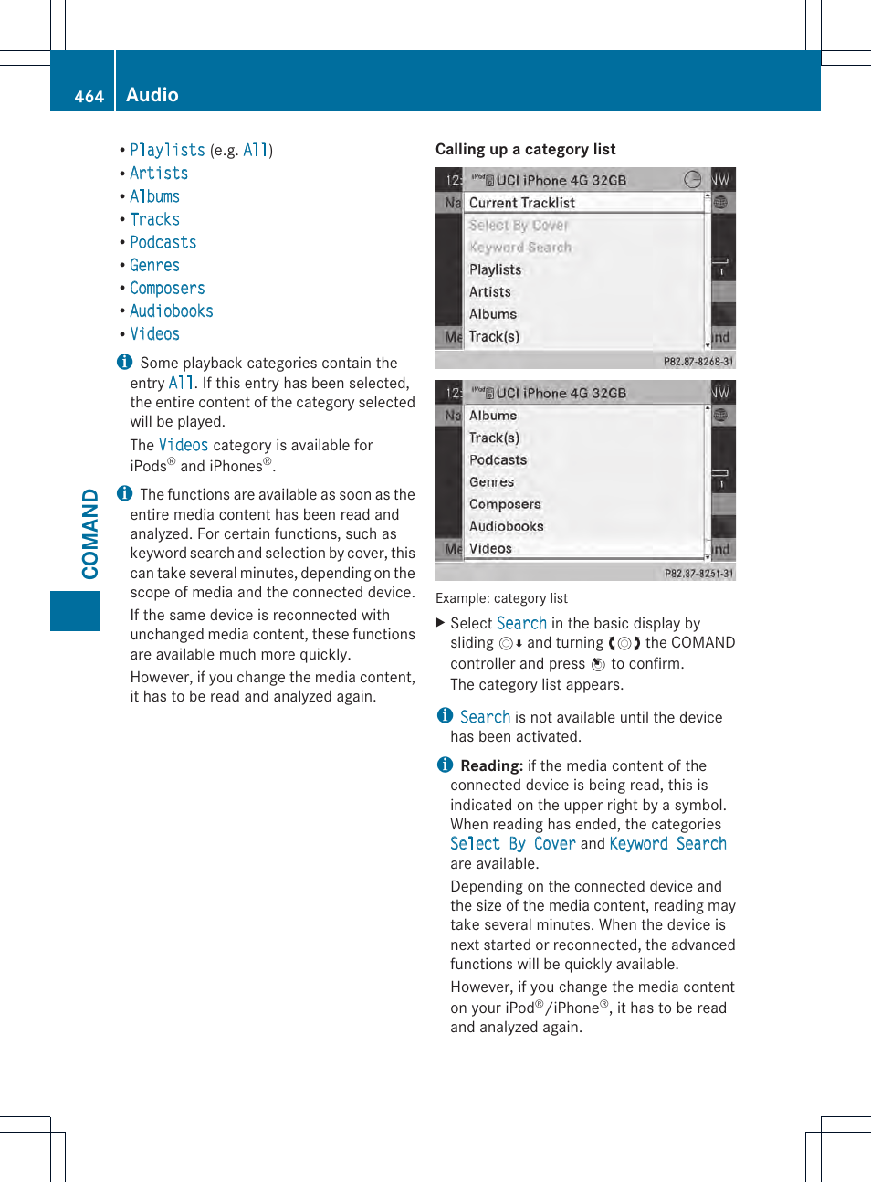 Co ma nd, Audio | Mercedes-Benz SL-Class 2013 Owners Manual User Manual | Page 466 / 590