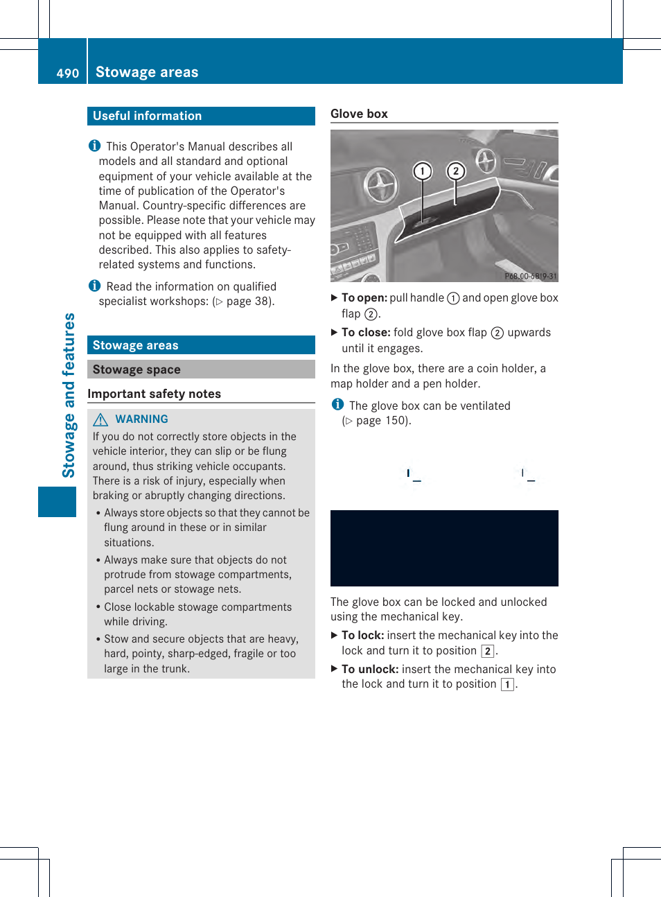 Stowage and features, Stowage areas | Mercedes-Benz SL-Class 2013 Owners Manual User Manual | Page 492 / 590