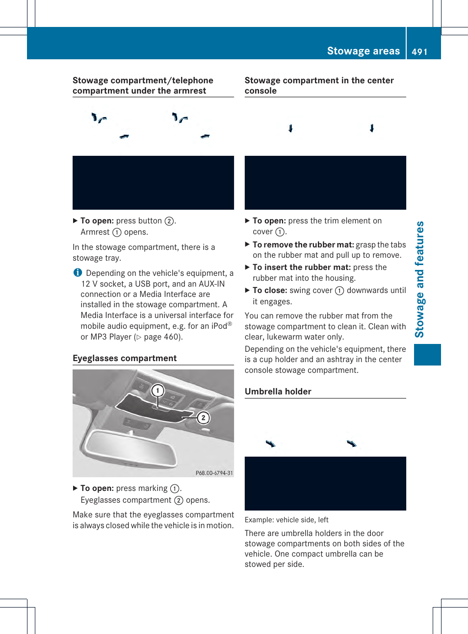Stowage and features, Stowage areas | Mercedes-Benz SL-Class 2013 Owners Manual User Manual | Page 493 / 590