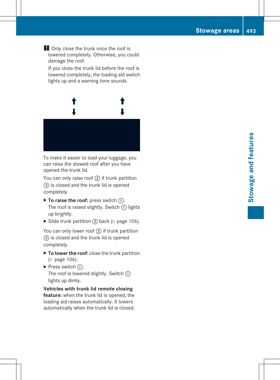 St owage and feat ur es, Stowage areas | Mercedes-Benz SL-Class 2013 Owners Manual User Manual | Page 495 / 590