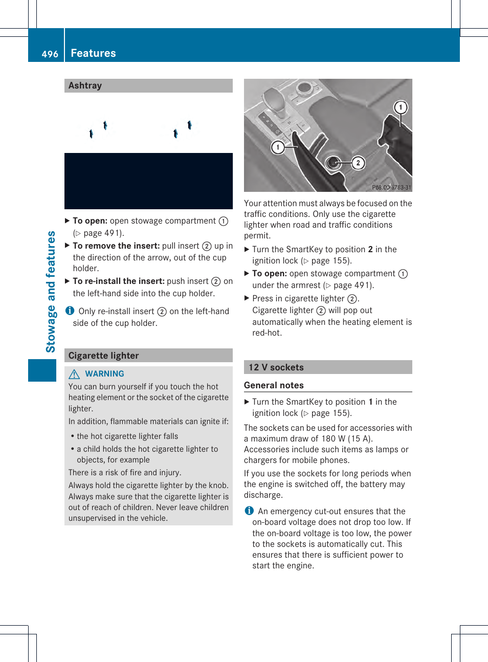 Stowage and features, Features | Mercedes-Benz SL-Class 2013 Owners Manual User Manual | Page 498 / 590