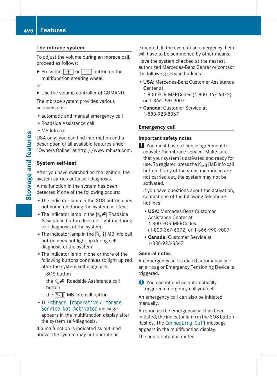 Stowage and features, Features | Mercedes-Benz SL-Class 2013 Owners Manual User Manual | Page 500 / 590