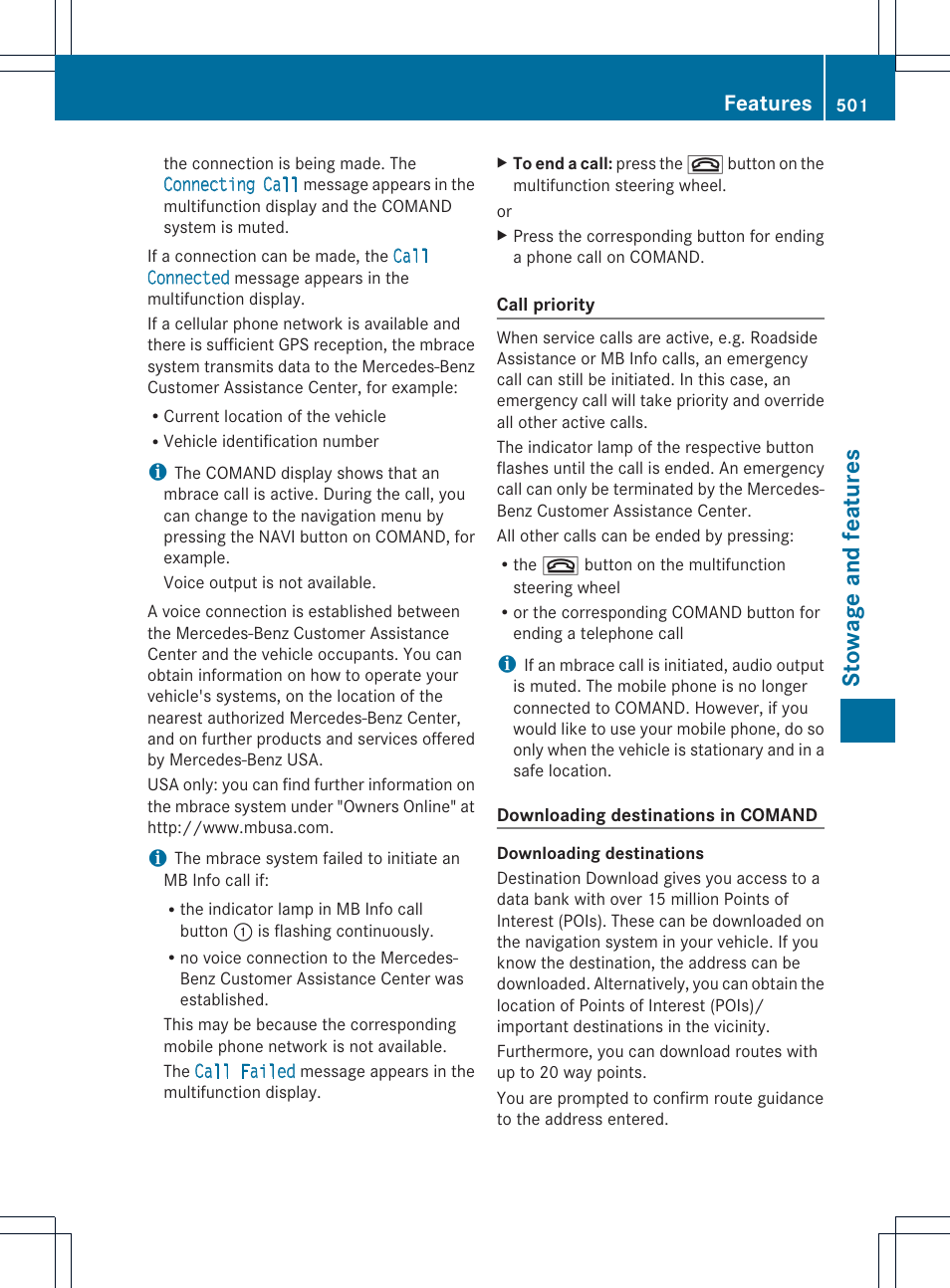 Stowage and features, Features | Mercedes-Benz SL-Class 2013 Owners Manual User Manual | Page 503 / 590