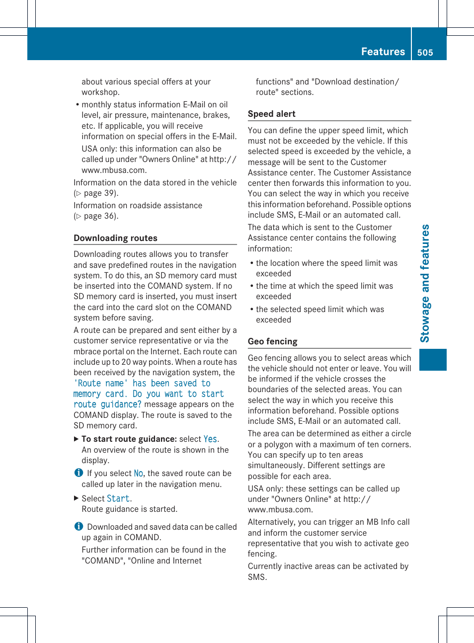 Stowage and features, Features | Mercedes-Benz SL-Class 2013 Owners Manual User Manual | Page 507 / 590