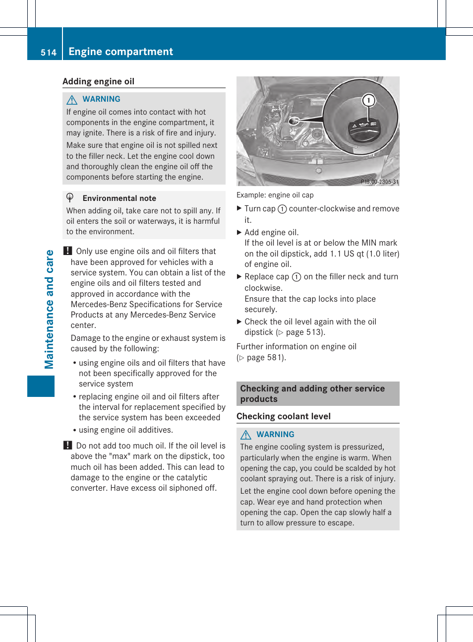 Maint enance and care, Engine compartment | Mercedes-Benz SL-Class 2013 Owners Manual User Manual | Page 516 / 590