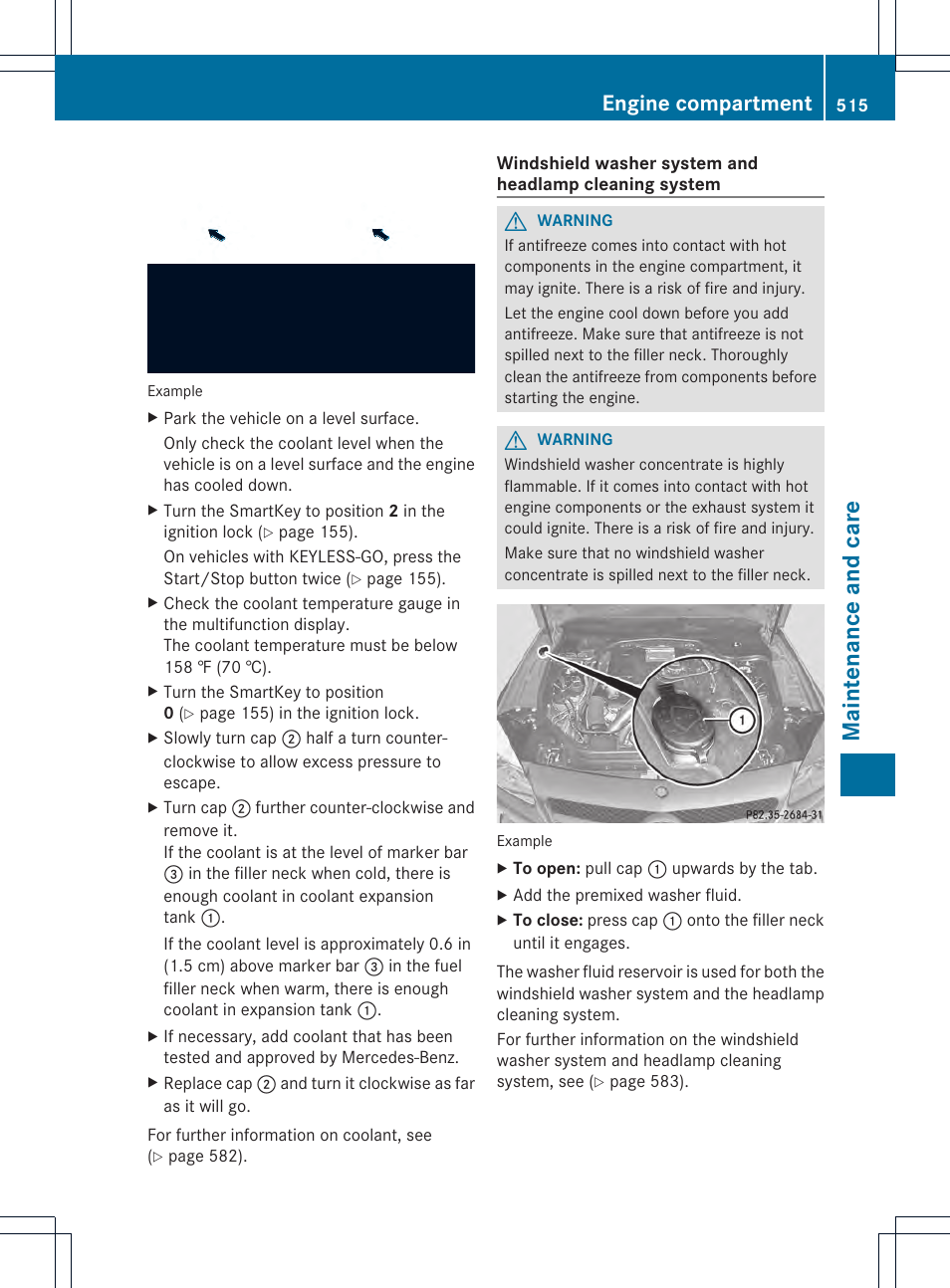 Maintenance and care, Engine compartment | Mercedes-Benz SL-Class 2013 Owners Manual User Manual | Page 517 / 590