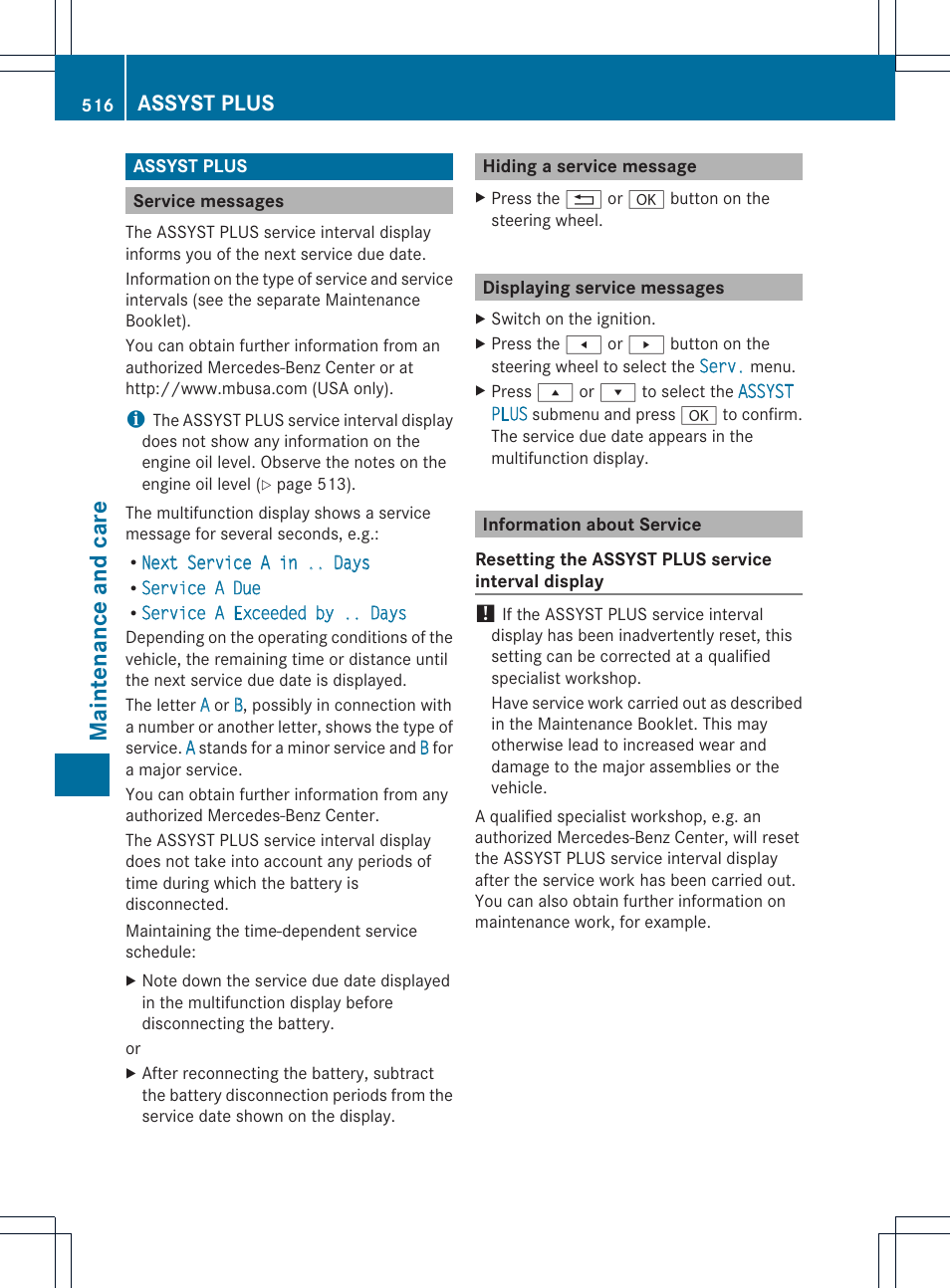 Maint enance and care, Assyst plus | Mercedes-Benz SL-Class 2013 Owners Manual User Manual | Page 518 / 590