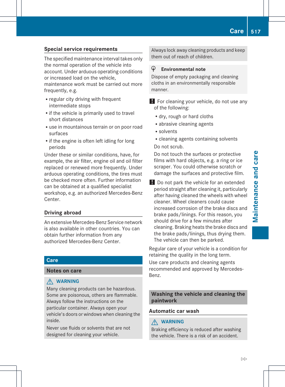 Maintenance and care, Care | Mercedes-Benz SL-Class 2013 Owners Manual User Manual | Page 519 / 590