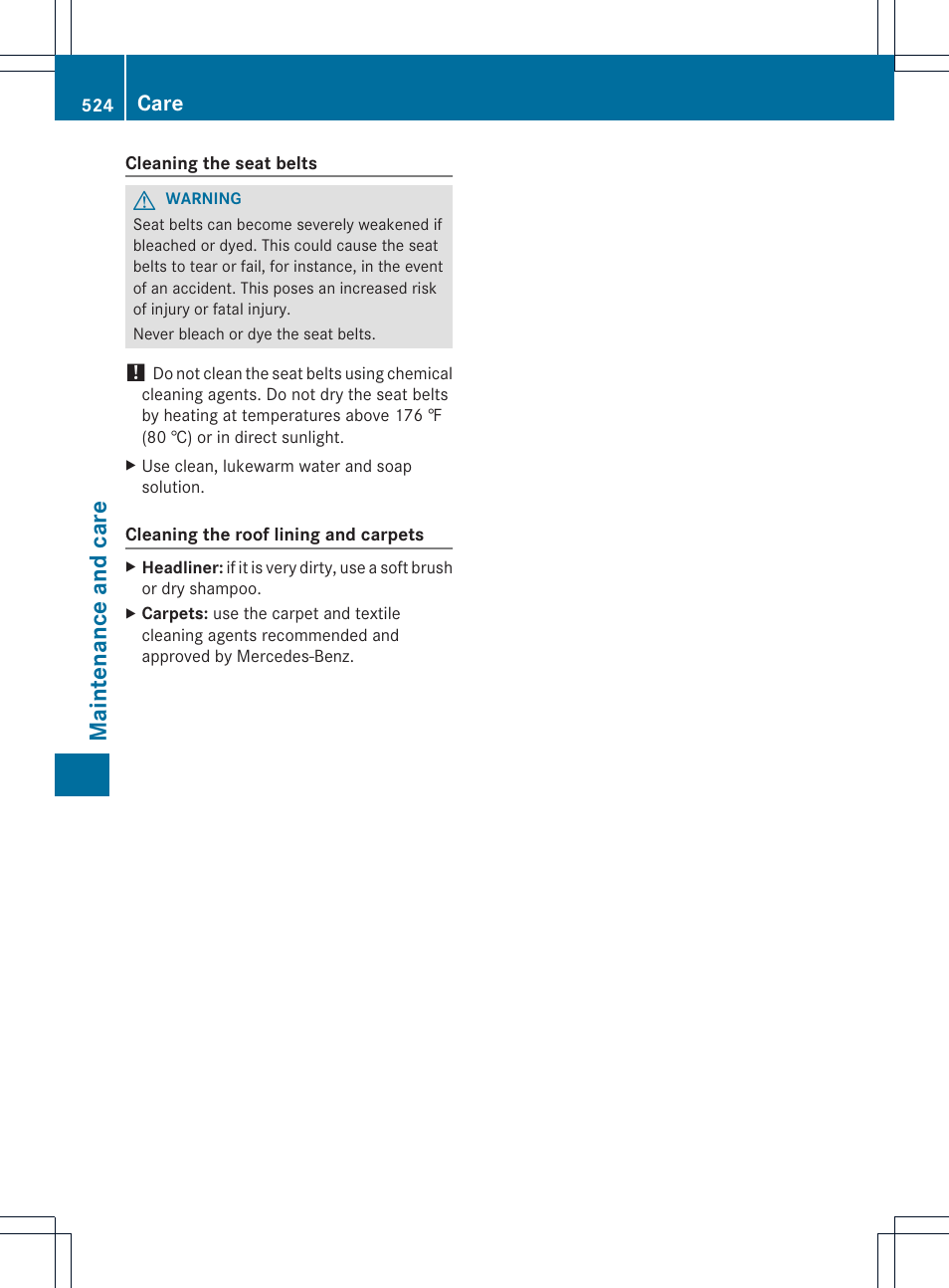 Maintenance and care, Care | Mercedes-Benz SL-Class 2013 Owners Manual User Manual | Page 526 / 590
