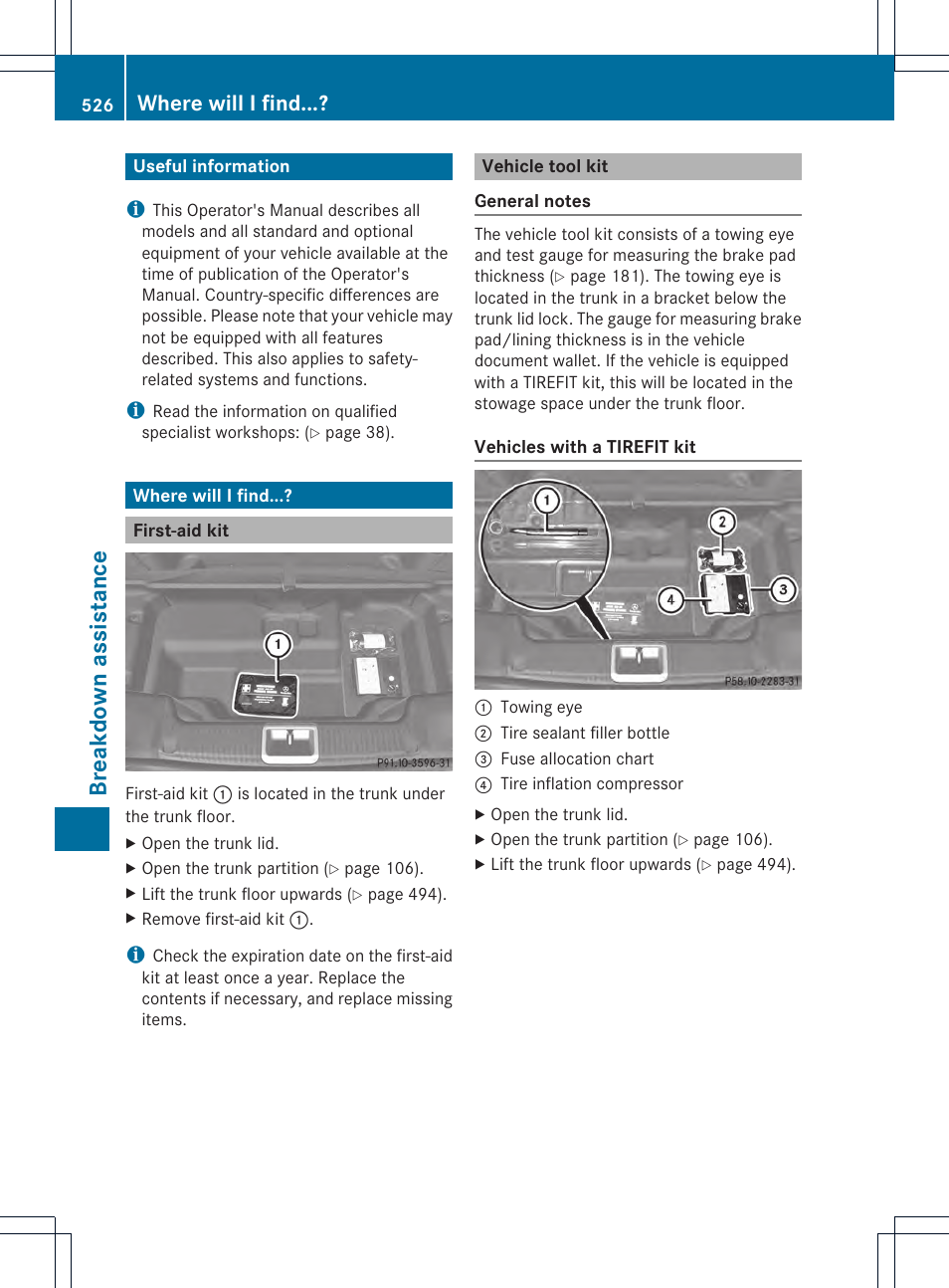 Breakd own assist ance, Where will i find | Mercedes-Benz SL-Class 2013 Owners Manual User Manual | Page 528 / 590