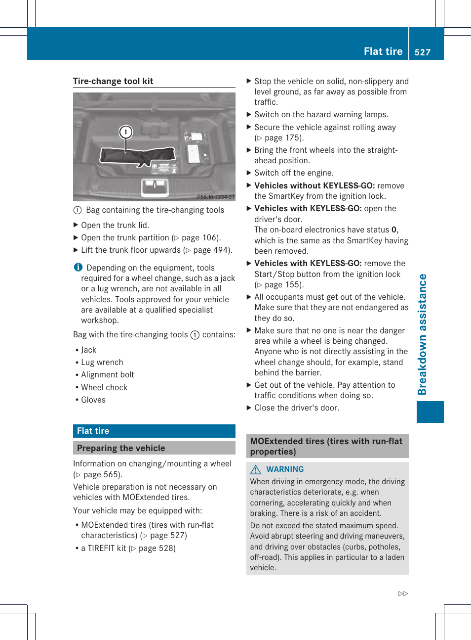 Breakdown assistance, Flat tire | Mercedes-Benz SL-Class 2013 Owners Manual User Manual | Page 529 / 590