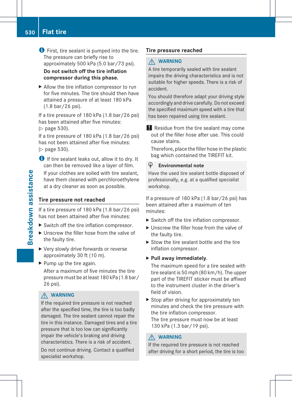 Breakdown assistance, Flat tire | Mercedes-Benz SL-Class 2013 Owners Manual User Manual | Page 532 / 590