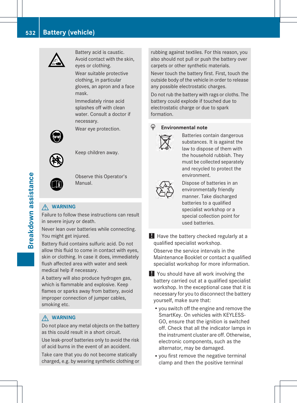 Breakdown assistance, Battery (vehicle) | Mercedes-Benz SL-Class 2013 Owners Manual User Manual | Page 534 / 590