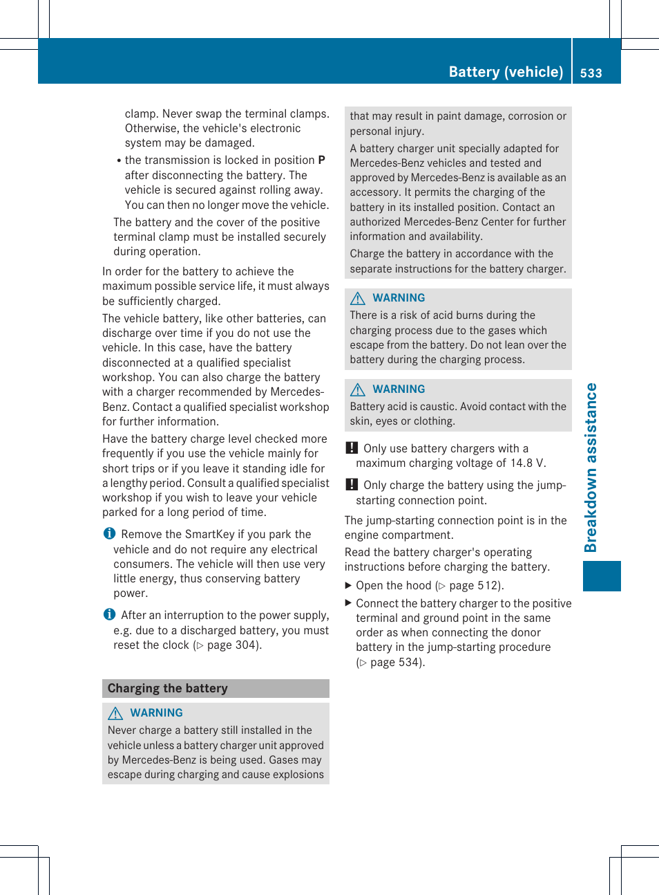 Breakdown assistance, Battery (vehicle) | Mercedes-Benz SL-Class 2013 Owners Manual User Manual | Page 535 / 590