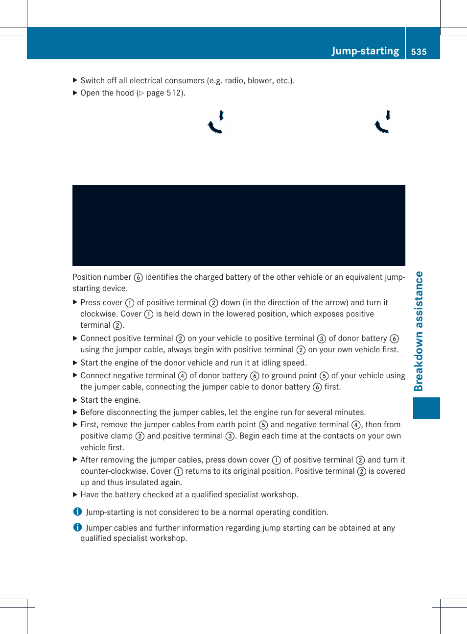 Breakdown assistance, Jump-starting | Mercedes-Benz SL-Class 2013 Owners Manual User Manual | Page 537 / 590