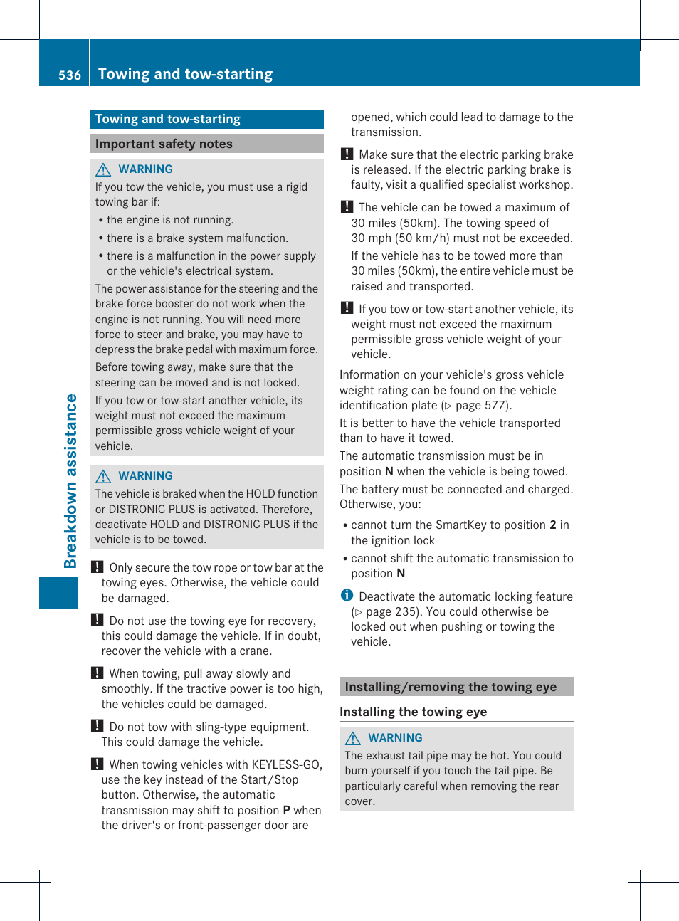Breakd own assist ance, Towing and tow-starting | Mercedes-Benz SL-Class 2013 Owners Manual User Manual | Page 538 / 590