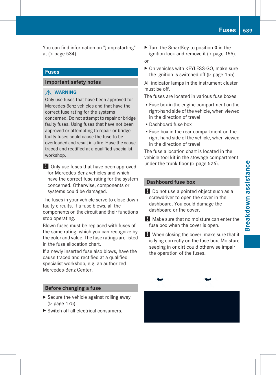 Breakdown assistance, Fuses | Mercedes-Benz SL-Class 2013 Owners Manual User Manual | Page 541 / 590
