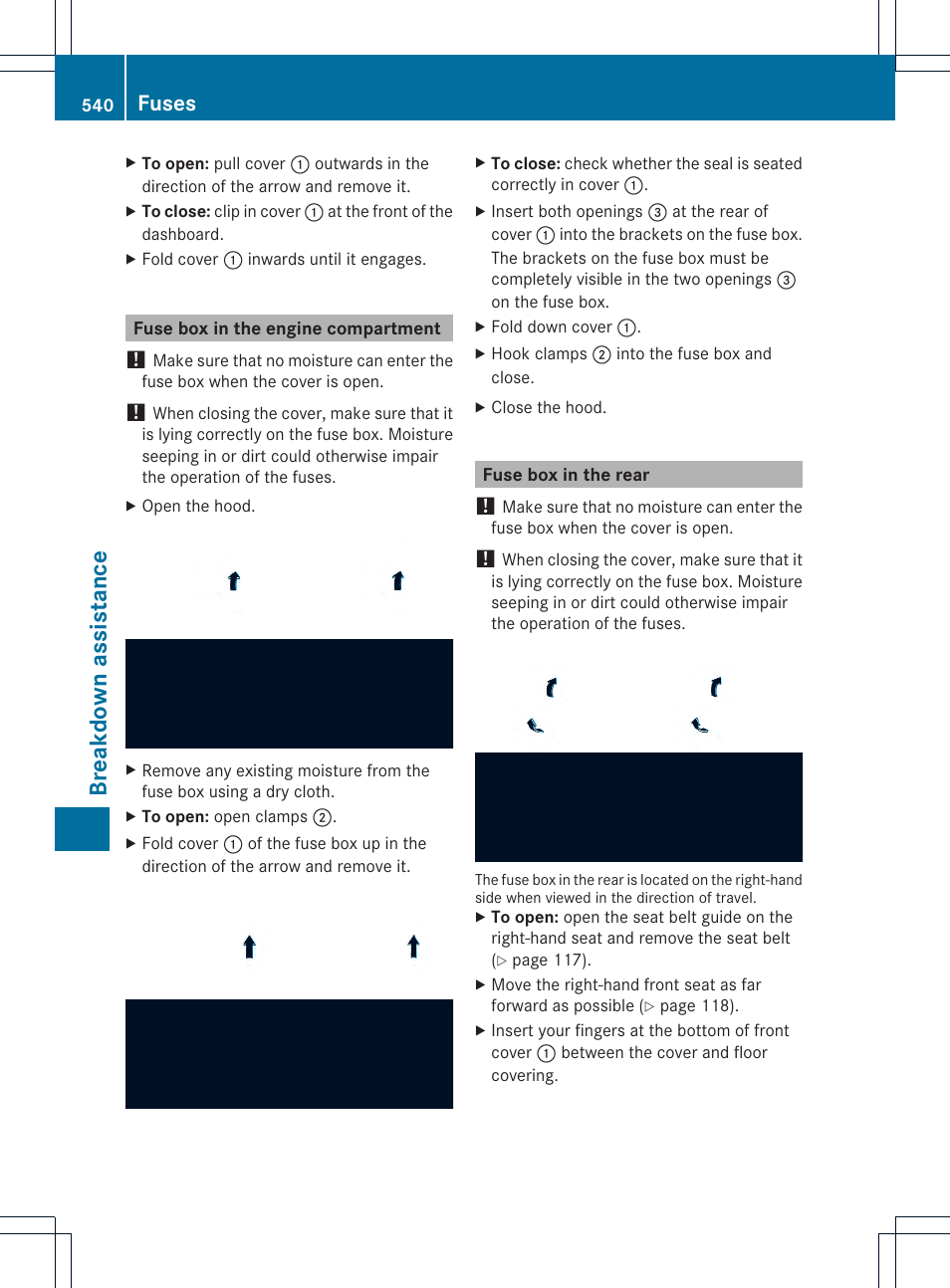 Breakdown assistance, Fuses | Mercedes-Benz SL-Class 2013 Owners Manual User Manual | Page 542 / 590