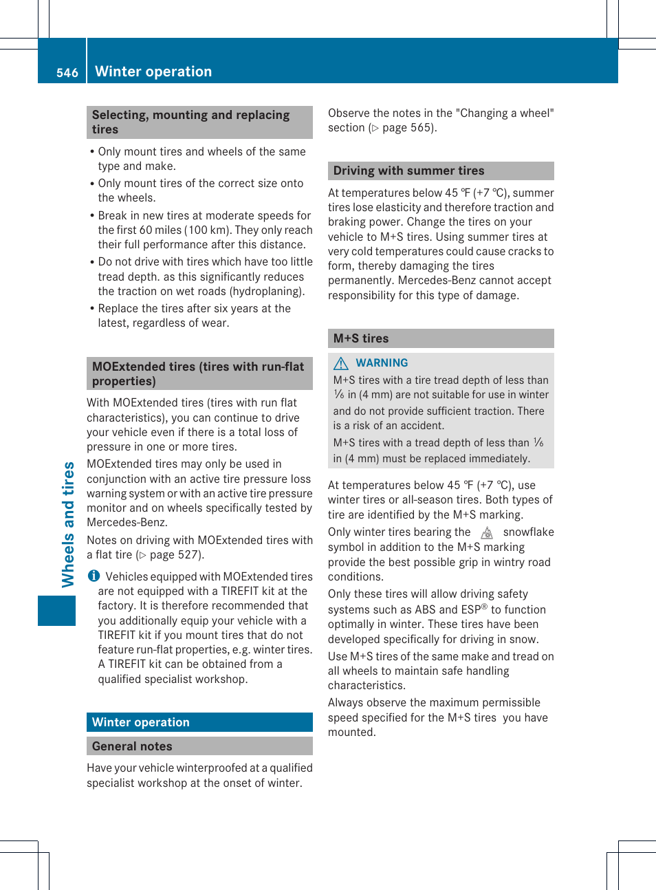 Wheels and tires, Winter operation | Mercedes-Benz SL-Class 2013 Owners Manual User Manual | Page 548 / 590