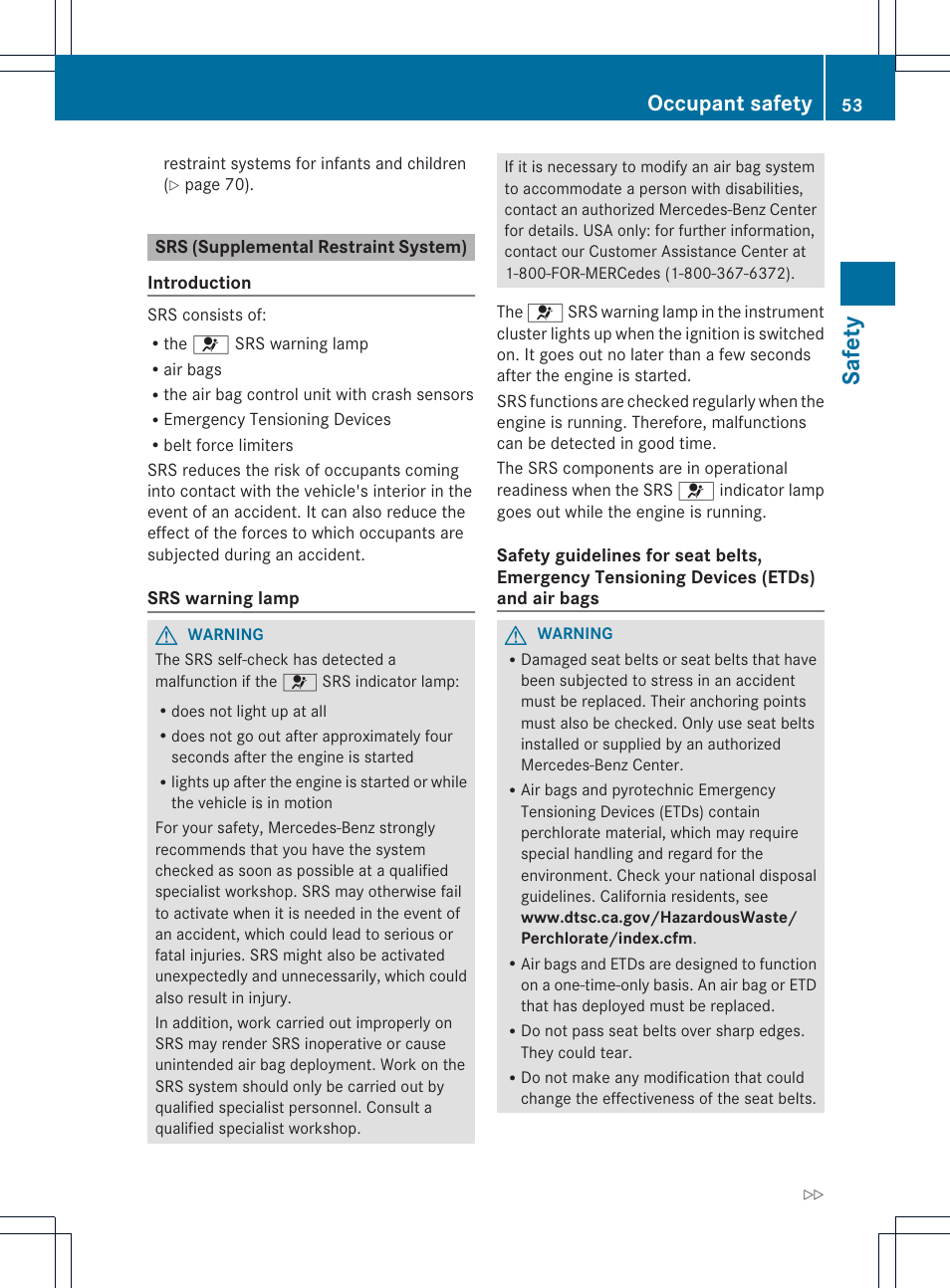 Safety, Occupant safety | Mercedes-Benz SL-Class 2013 Owners Manual User Manual | Page 55 / 590