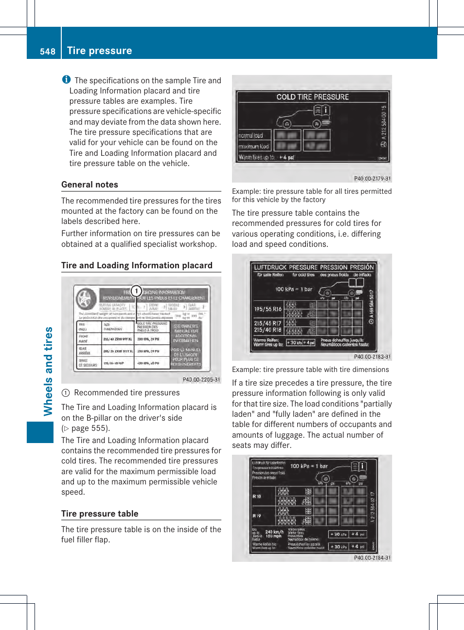 Wheels and tires, Tire pressure | Mercedes-Benz SL-Class 2013 Owners Manual User Manual | Page 550 / 590