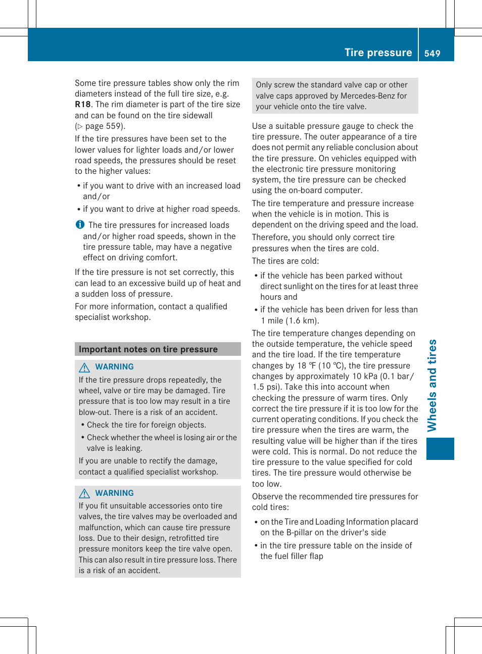 Wheels and tires, Tire pressure | Mercedes-Benz SL-Class 2013 Owners Manual User Manual | Page 551 / 590