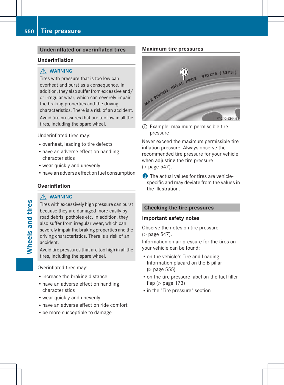 Wheels and tires, Tire pressure | Mercedes-Benz SL-Class 2013 Owners Manual User Manual | Page 552 / 590