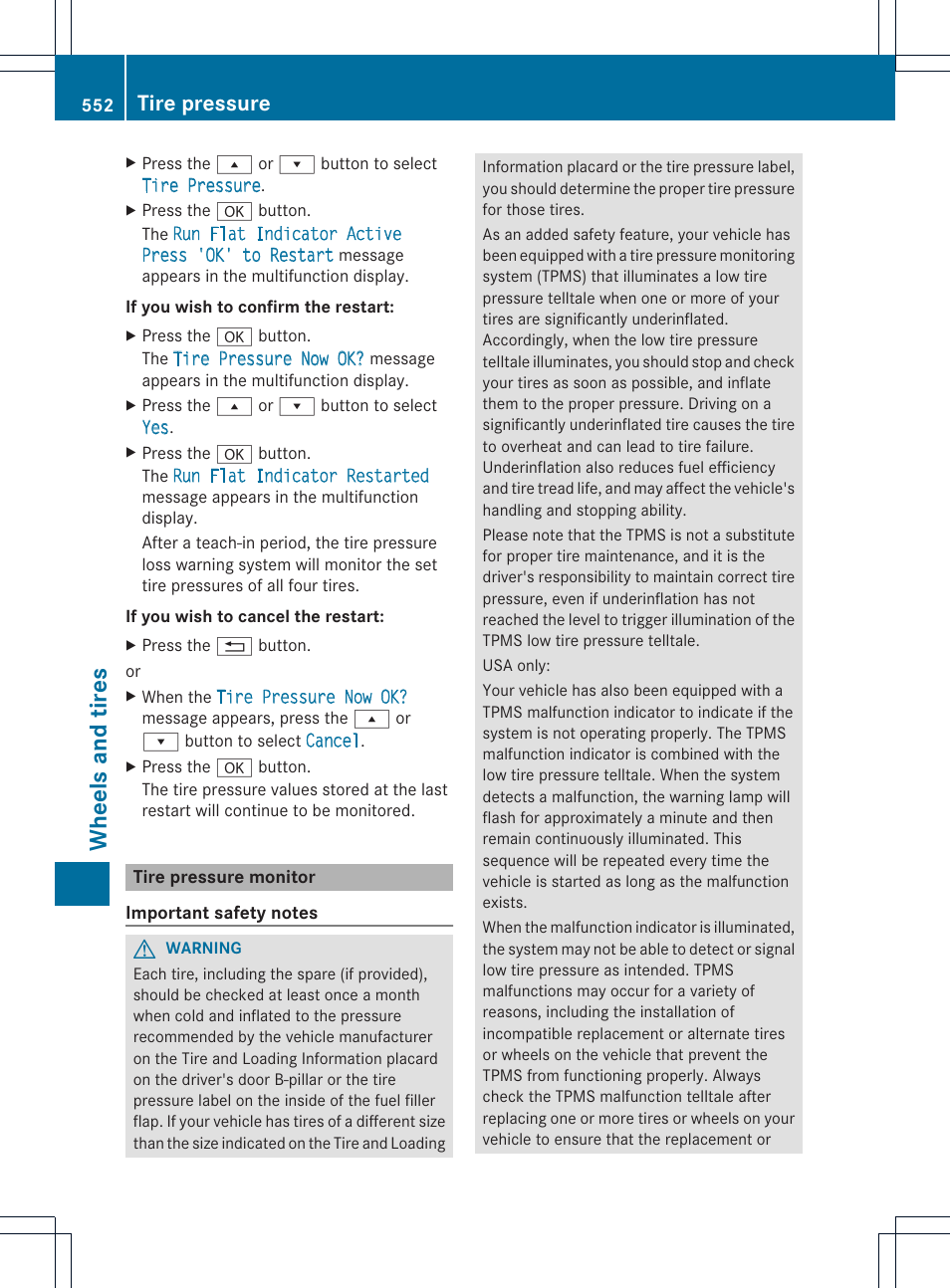 Wheels and tires, Tire pressure | Mercedes-Benz SL-Class 2013 Owners Manual User Manual | Page 554 / 590