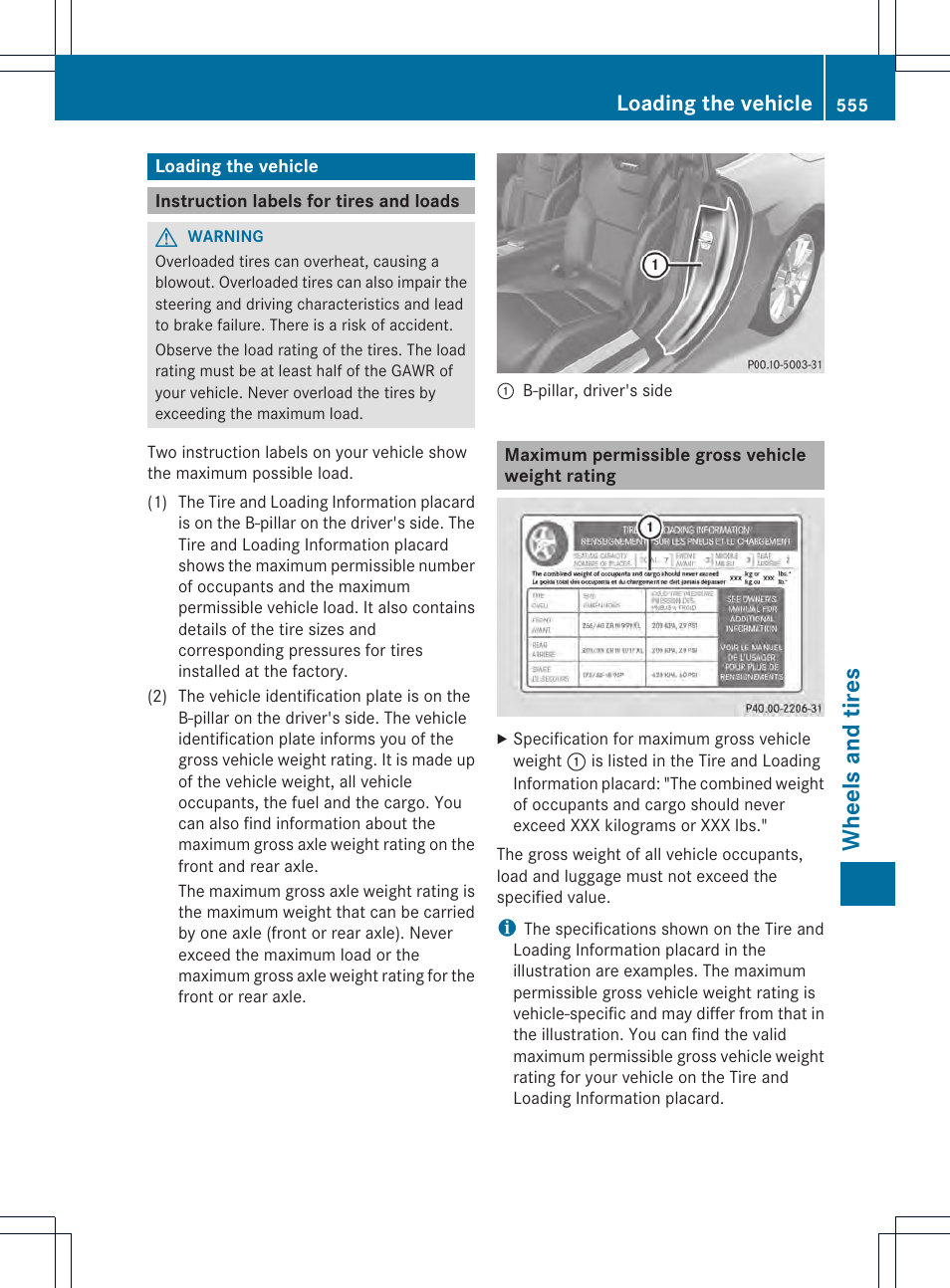 Wheels and tires, Loading the vehicle | Mercedes-Benz SL-Class 2013 Owners Manual User Manual | Page 557 / 590