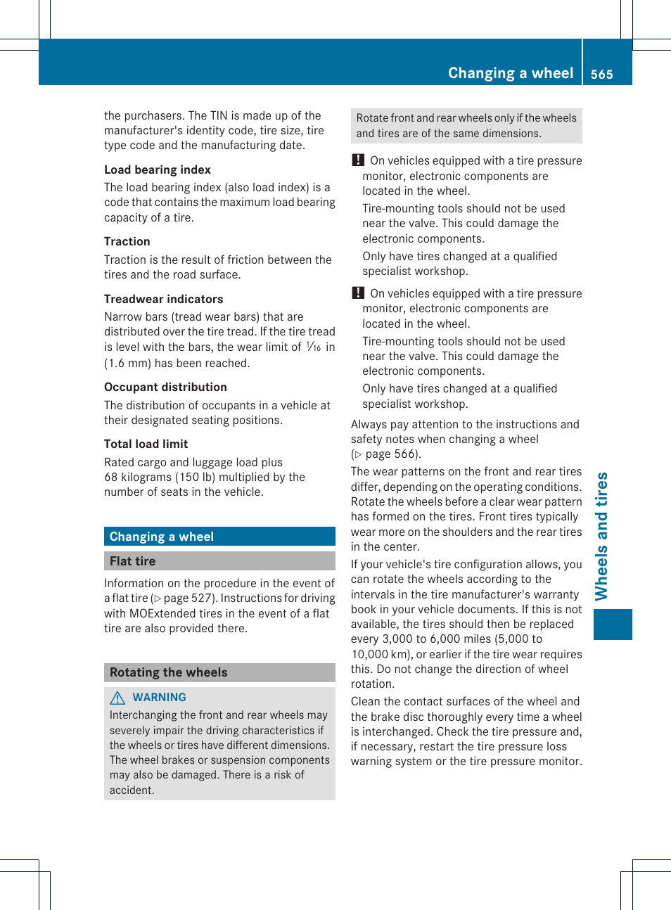 Whee ls and tires, Changing a wheel | Mercedes-Benz SL-Class 2013 Owners Manual User Manual | Page 567 / 590