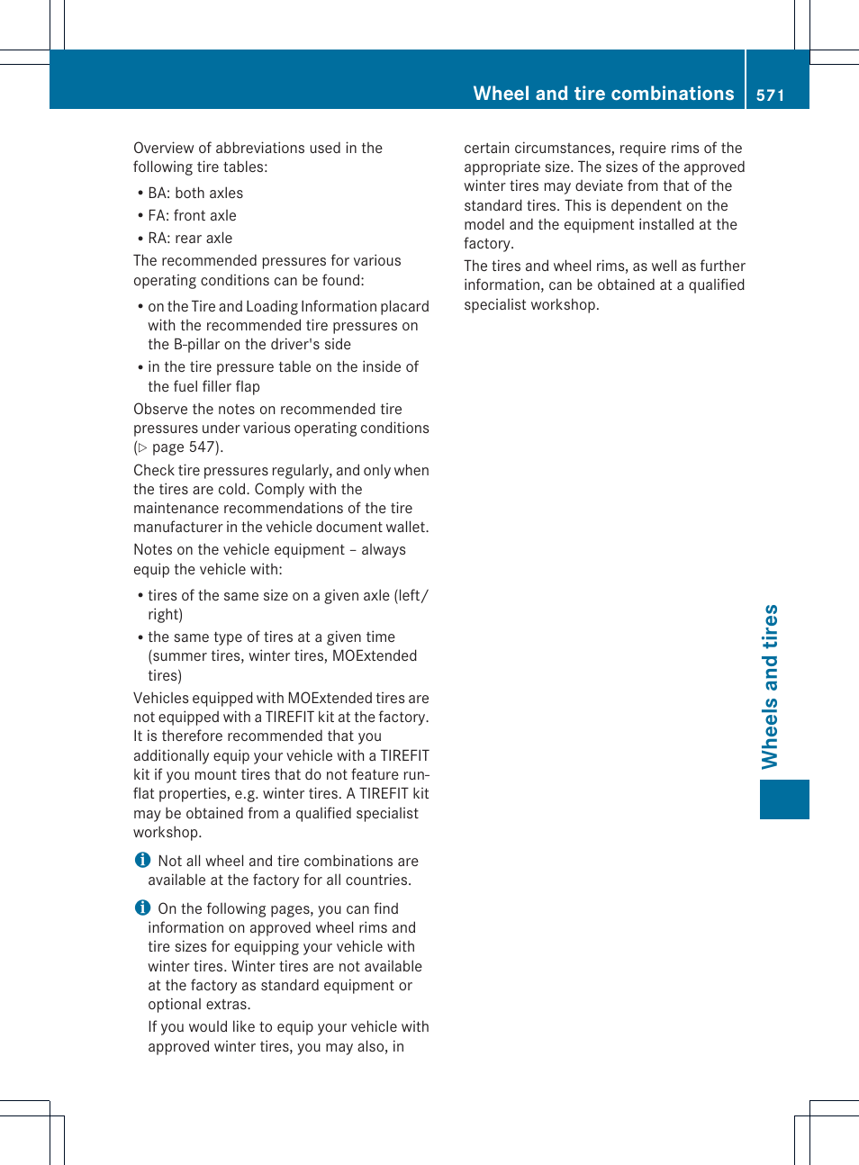 Wheels and tires, Wheel and tire combinations | Mercedes-Benz SL-Class 2013 Owners Manual User Manual | Page 573 / 590