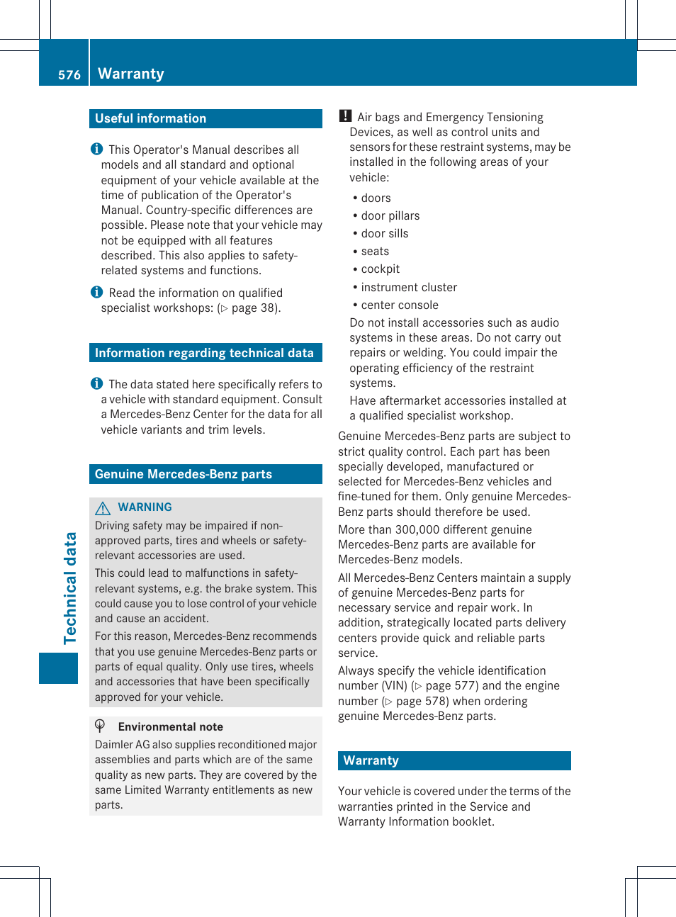 Technical data, Warranty | Mercedes-Benz SL-Class 2013 Owners Manual User Manual | Page 578 / 590