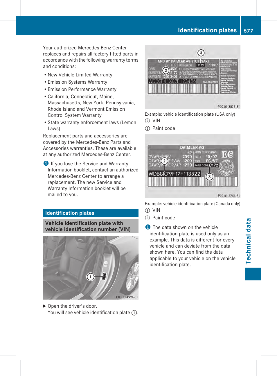 Technical data, Identification plates | Mercedes-Benz SL-Class 2013 Owners Manual User Manual | Page 579 / 590