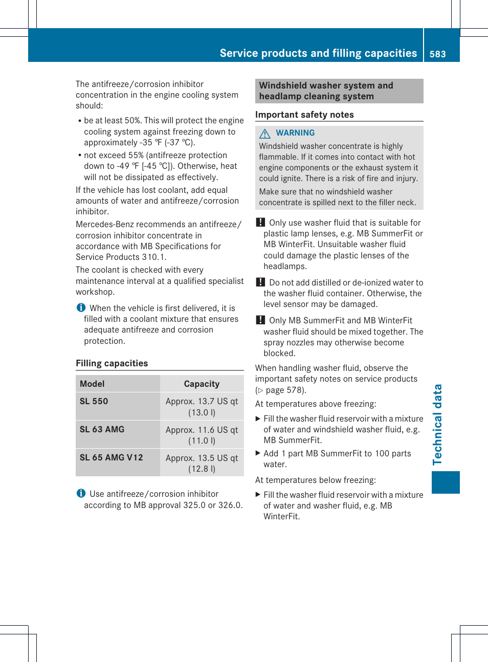 Technica ldata, Service products and filling capacities | Mercedes-Benz SL-Class 2013 Owners Manual User Manual | Page 585 / 590