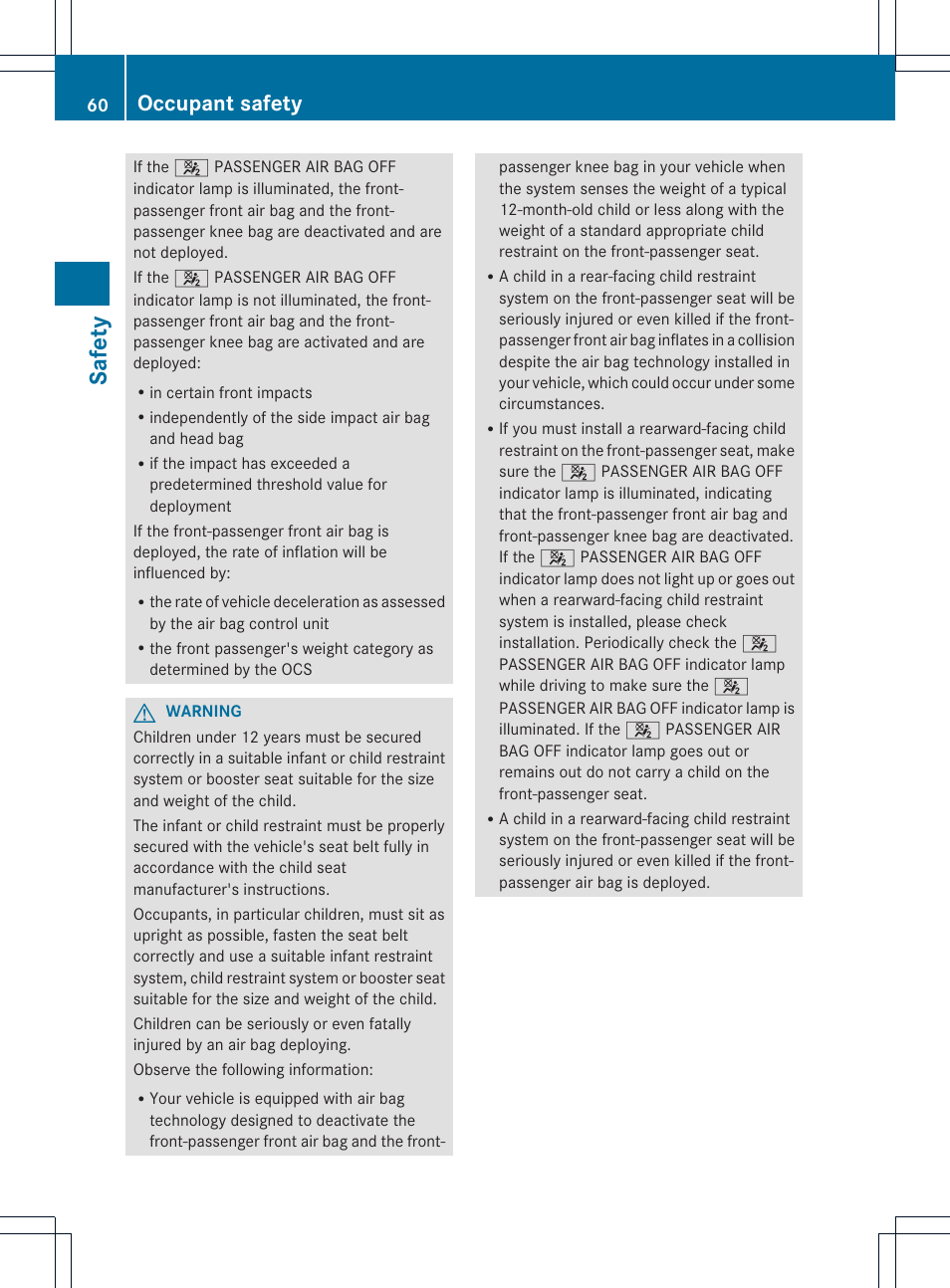 Safety, Occupant safety | Mercedes-Benz SL-Class 2013 Owners Manual User Manual | Page 62 / 590