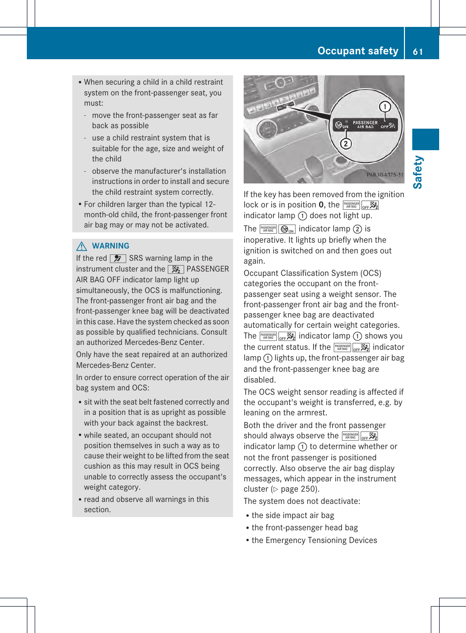 Safety, Occupant safety | Mercedes-Benz SL-Class 2013 Owners Manual User Manual | Page 63 / 590