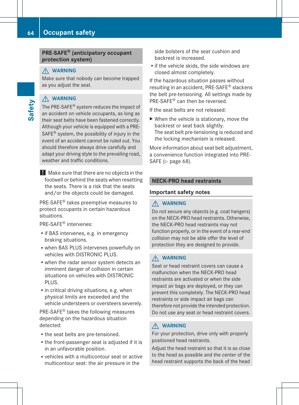 Safety, Occupant safety | Mercedes-Benz SL-Class 2013 Owners Manual User Manual | Page 66 / 590