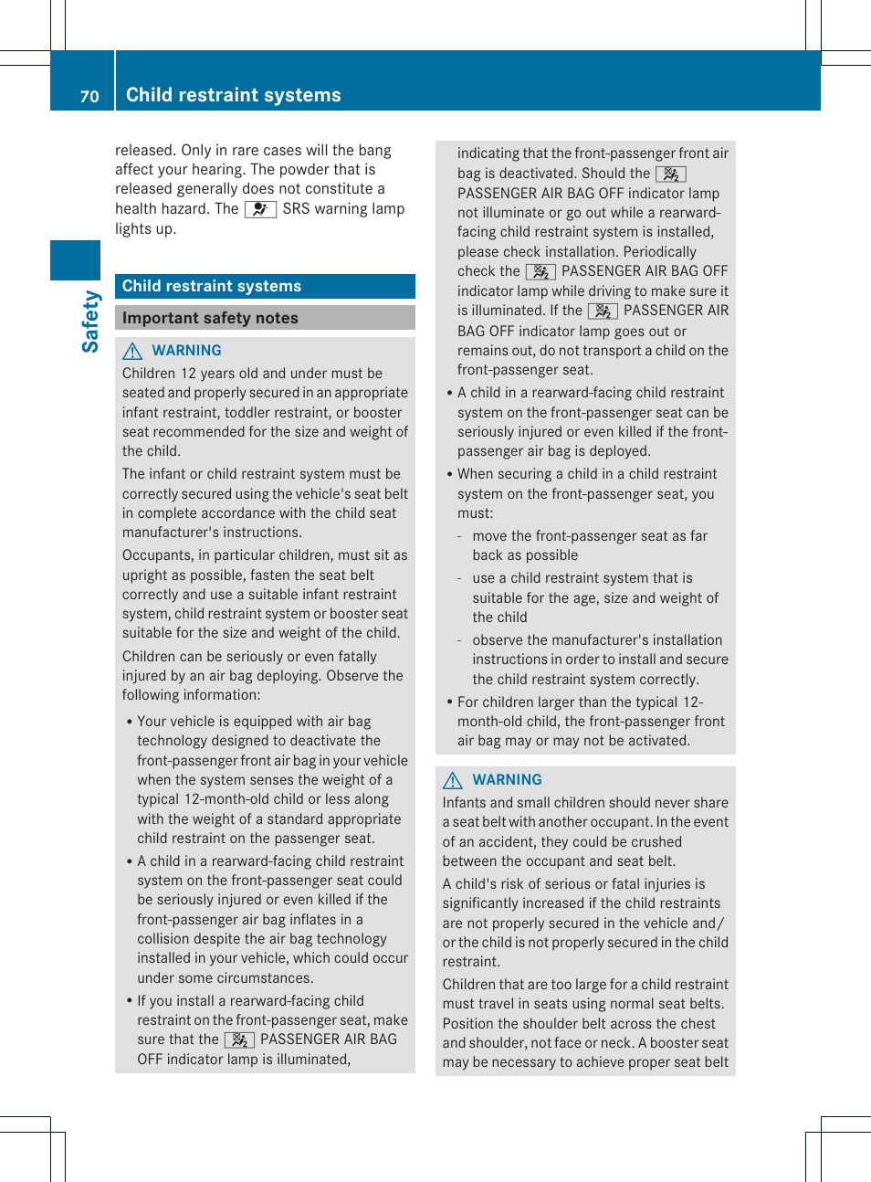 Safety, Child restraint systems | Mercedes-Benz SL-Class 2013 Owners Manual User Manual | Page 72 / 590