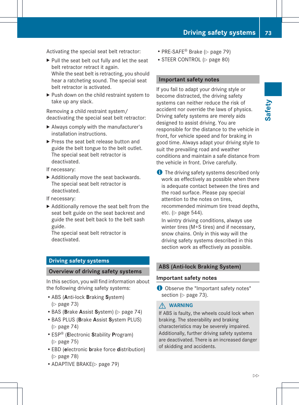 Safety, Driving safety systems | Mercedes-Benz SL-Class 2013 Owners Manual User Manual | Page 75 / 590