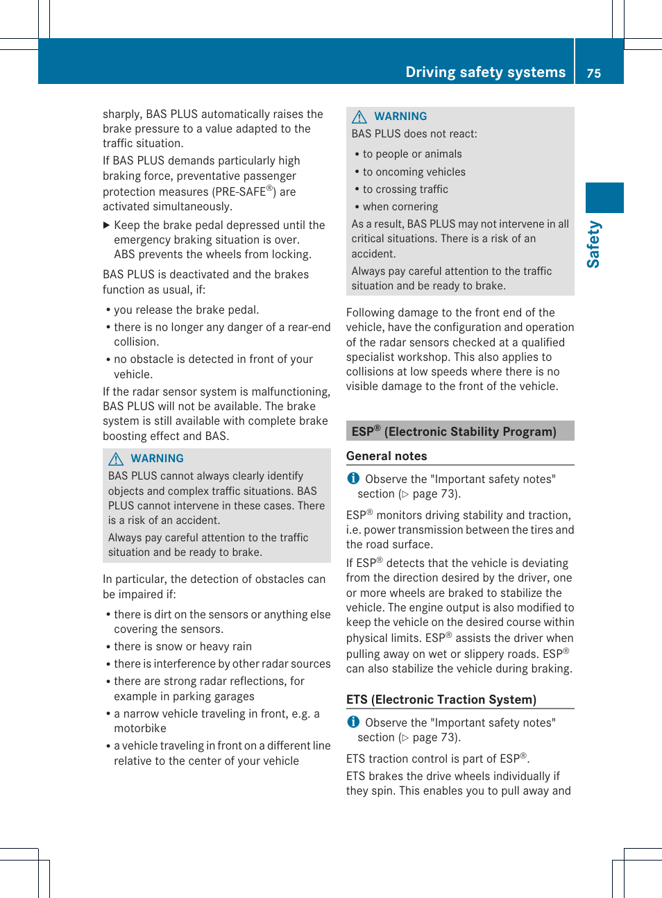 Safety, Driving safety systems | Mercedes-Benz SL-Class 2013 Owners Manual User Manual | Page 77 / 590