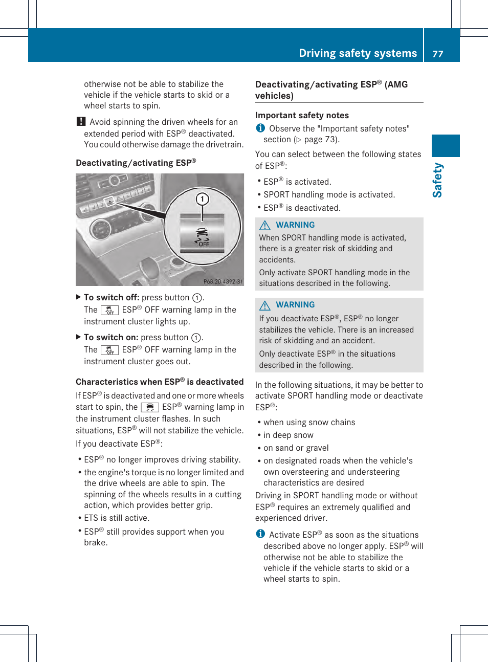 Safe ty, Driving safety systems | Mercedes-Benz SL-Class 2013 Owners Manual User Manual | Page 79 / 590