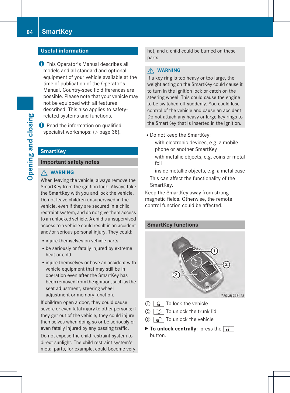 Opening and closing, Smartkey | Mercedes-Benz SL-Class 2013 Owners Manual User Manual | Page 86 / 590