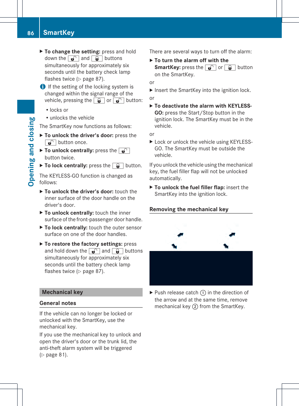Opening and closing, Smartkey | Mercedes-Benz SL-Class 2013 Owners Manual User Manual | Page 88 / 590
