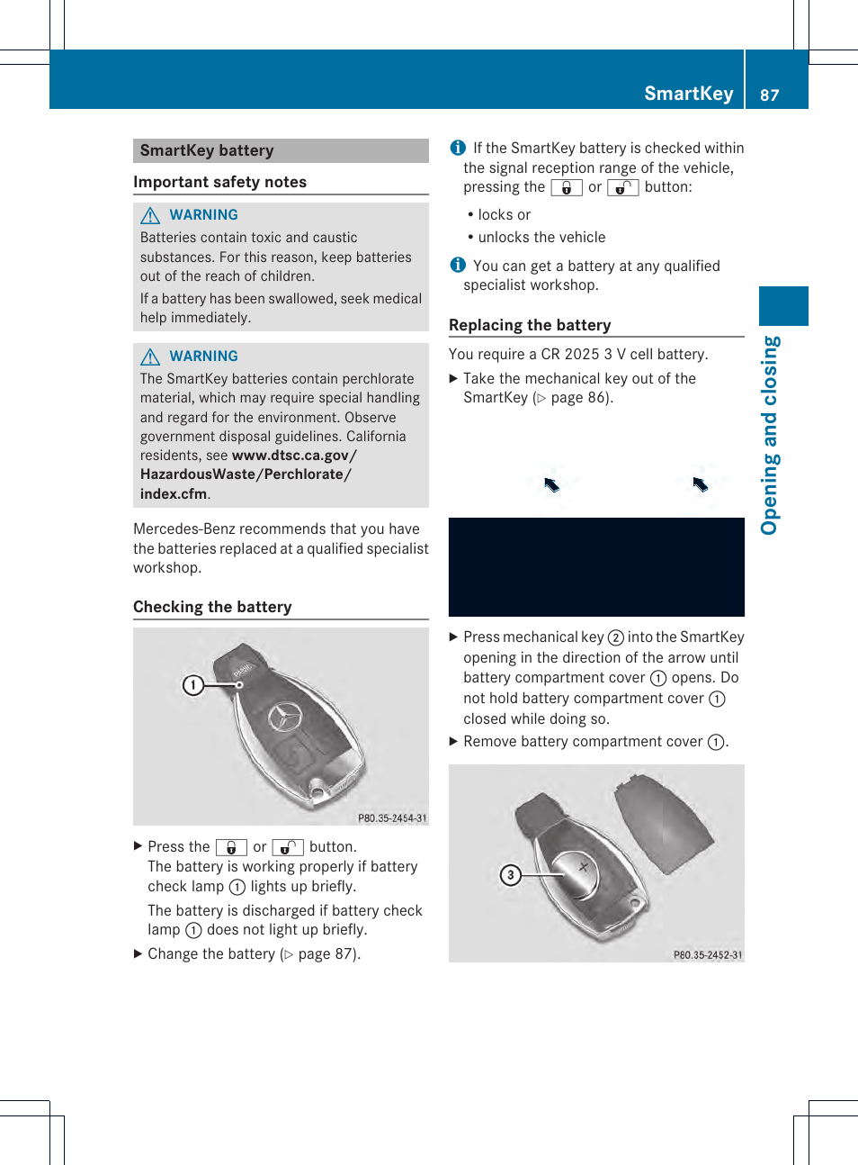 Opening and closing, Smartkey | Mercedes-Benz SL-Class 2013 Owners Manual User Manual | Page 89 / 590